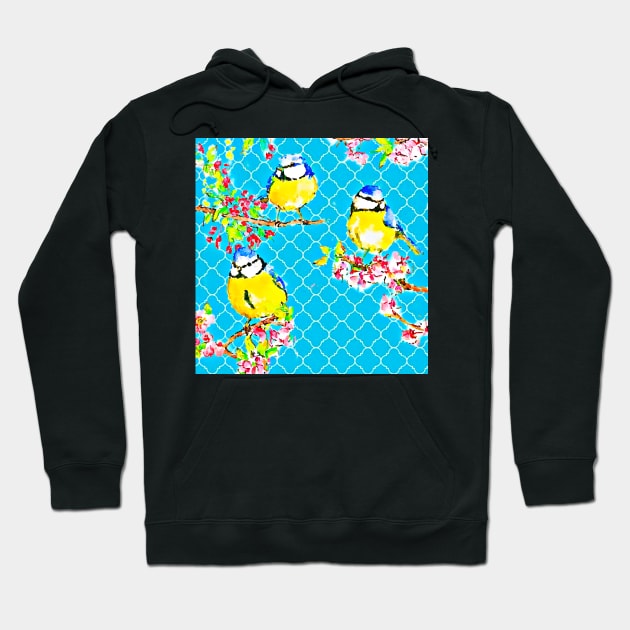 Yellow tit birds on blue lattice background Hoodie by SophieClimaArt